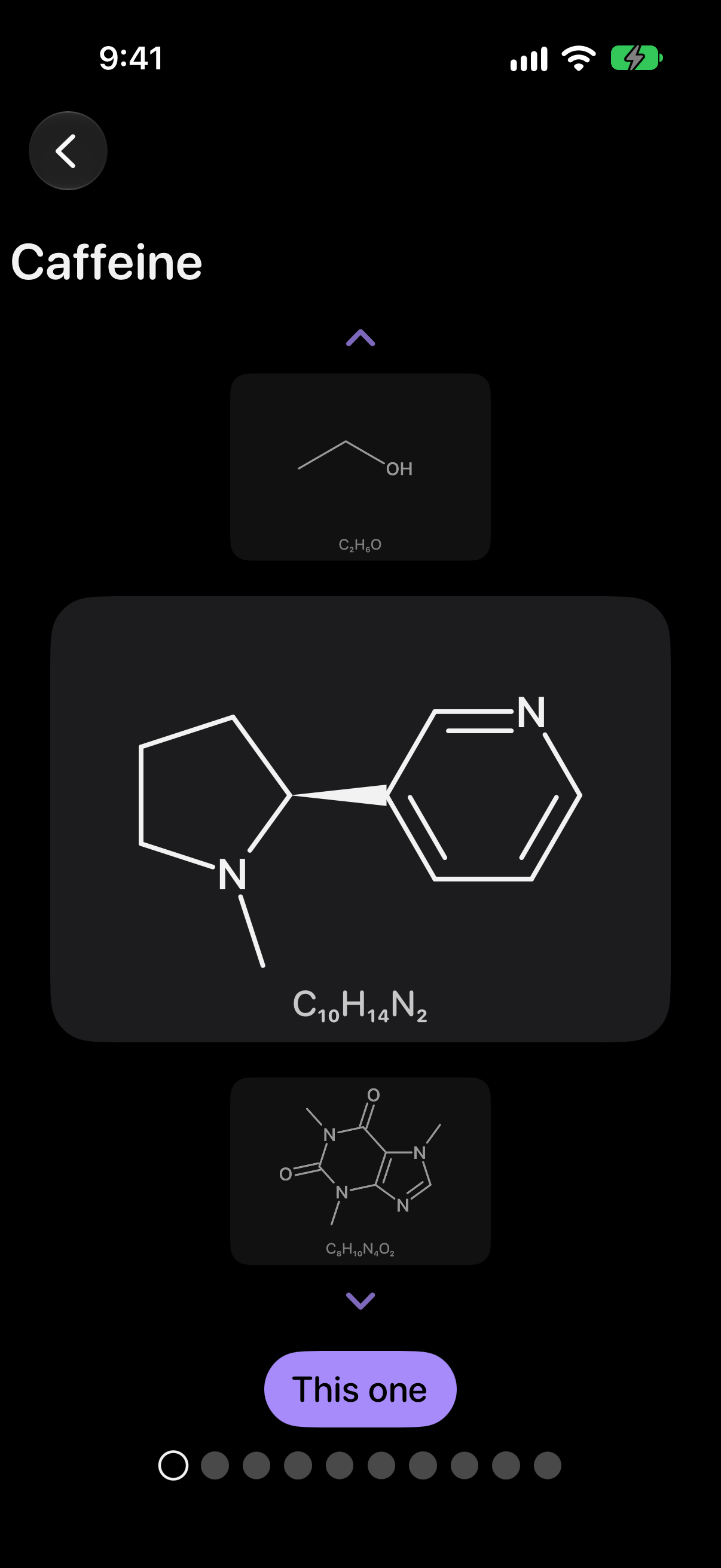 A Bonded round on iPhone. Caffeine is named, and the structures of ethanol, nicotine and caffeine are in view, each with its formula, with This one below.