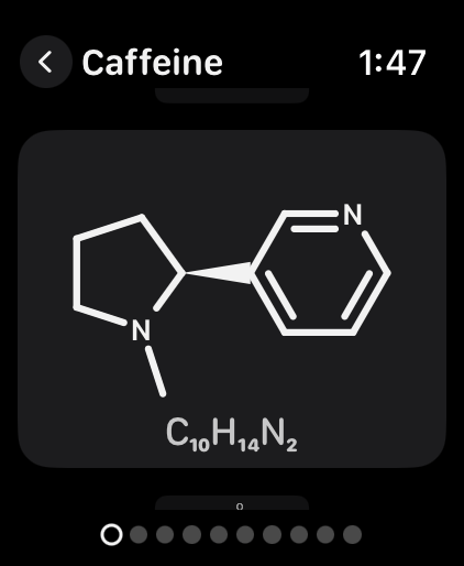 The same round on Apple Watch, with nicotine’s structure in the middle and caffeine’s just below it.